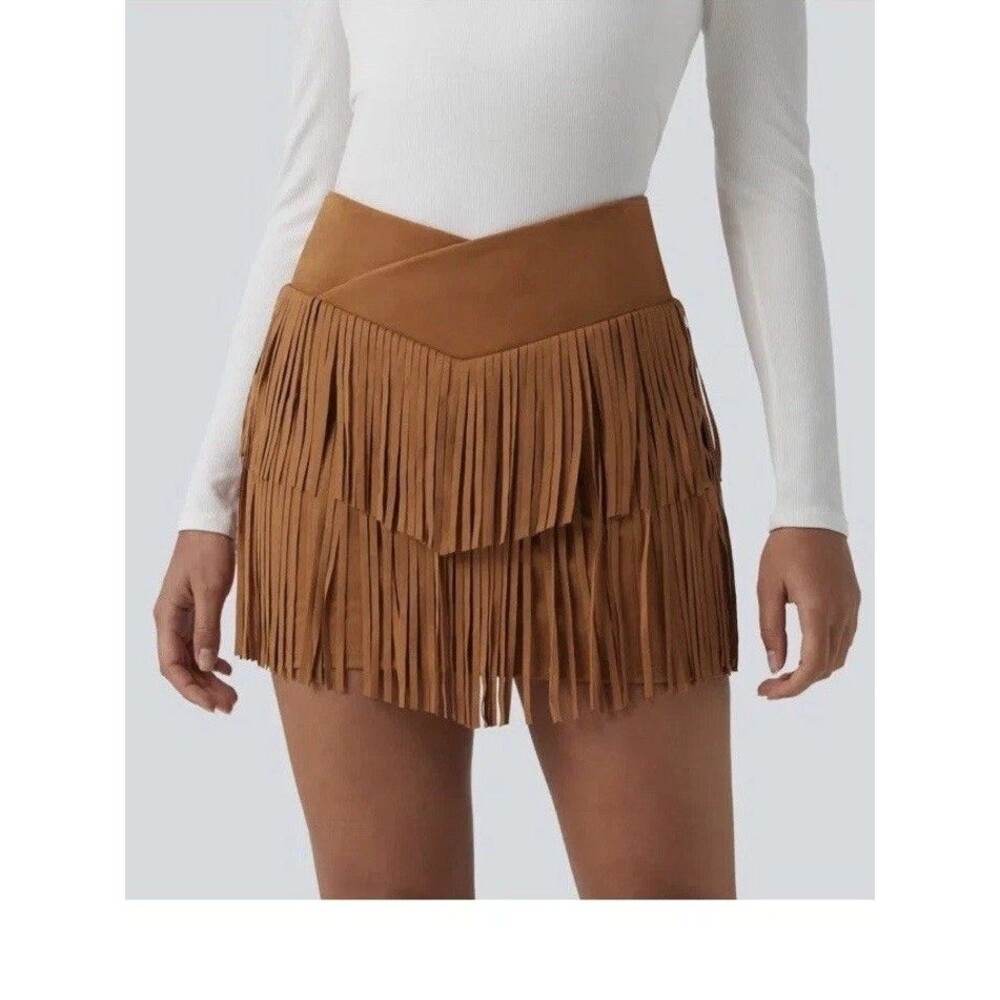 Halara L Crossover High Waisted Skirt 2-in-1 Fringe Hem Cowgirl Mini Suede Rodeo
